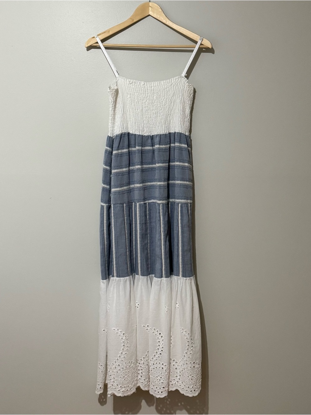 White and Blue Tiered Eyelet Maxi Dress - Unbranded. Made in Italy. Small